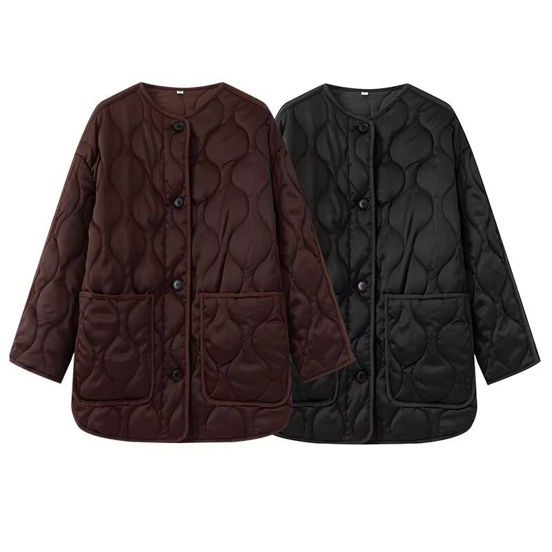 Women Longline Quilted Jacket with Round Neck, Button Placket and Patch Pockets Chichicherry