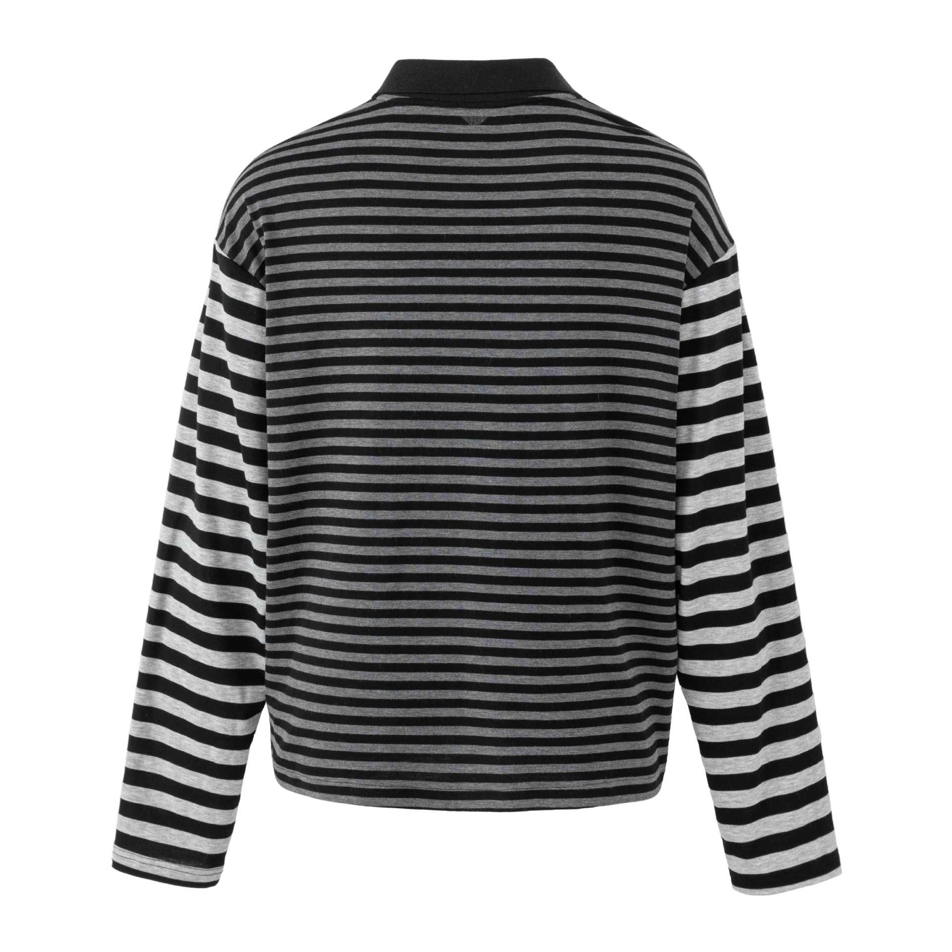 Women's Striped Long Sleeve Polo with Large Kent Collar, Print and Rhinestone Applications Chichicherry
