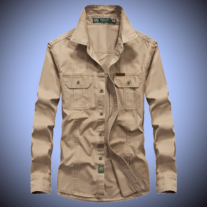 Men's rugged canvas overshirt with chest flap pockets, shirt collar, and utility details Chichicherry
