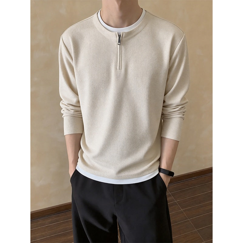 Men's Structured Long Sleeve Pullover with Half Zipper and Contrast Trim Chichicherry