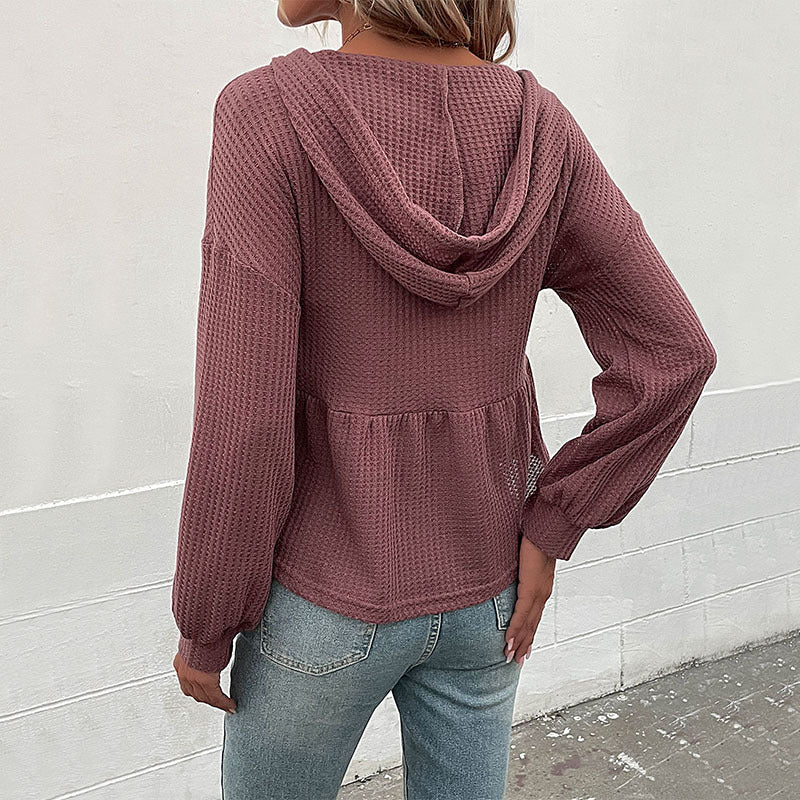 Women's Waffle Knit Hoodie Blouse with V-Neck, Button Placket and Gathered Waist Band