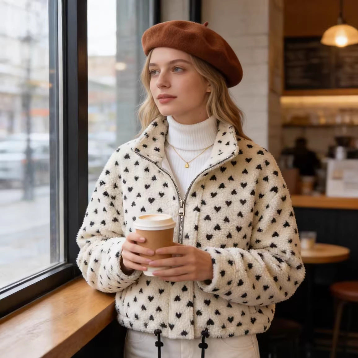 Women's teddy jacket with heart all-over, short boxy cut, stand-up collar and drawstring Chichicherry