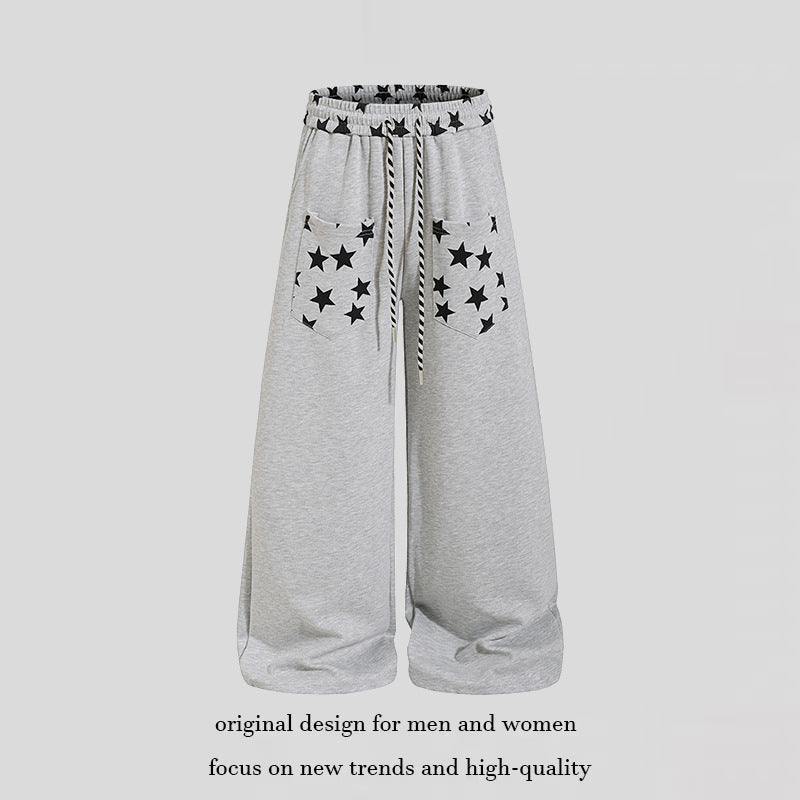 Women's extra wide palazzo sweatpants with comfort waistband, drawstring and star appliqué Chichicherry