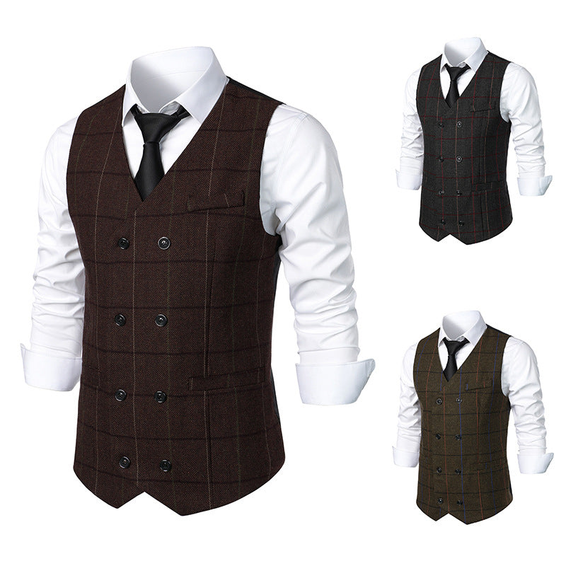 Men's Double-breasted Suit Vest with Window Pane and Herringbone Structure Chichicherry