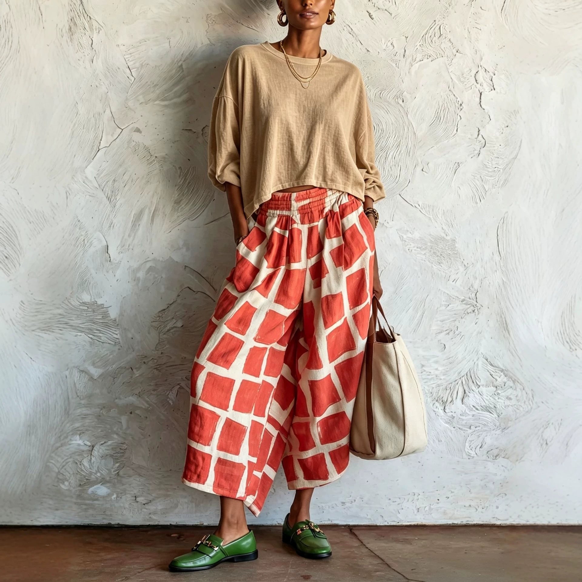 Women's Wide Culotte Pants made of Linen Blend with Elastic Waistband and Graphic Print Chichicherry