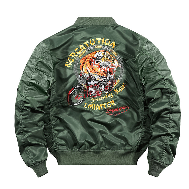 Men's embroidered nylon flight jacket with large tiger and motorcycle motif Chichicherry