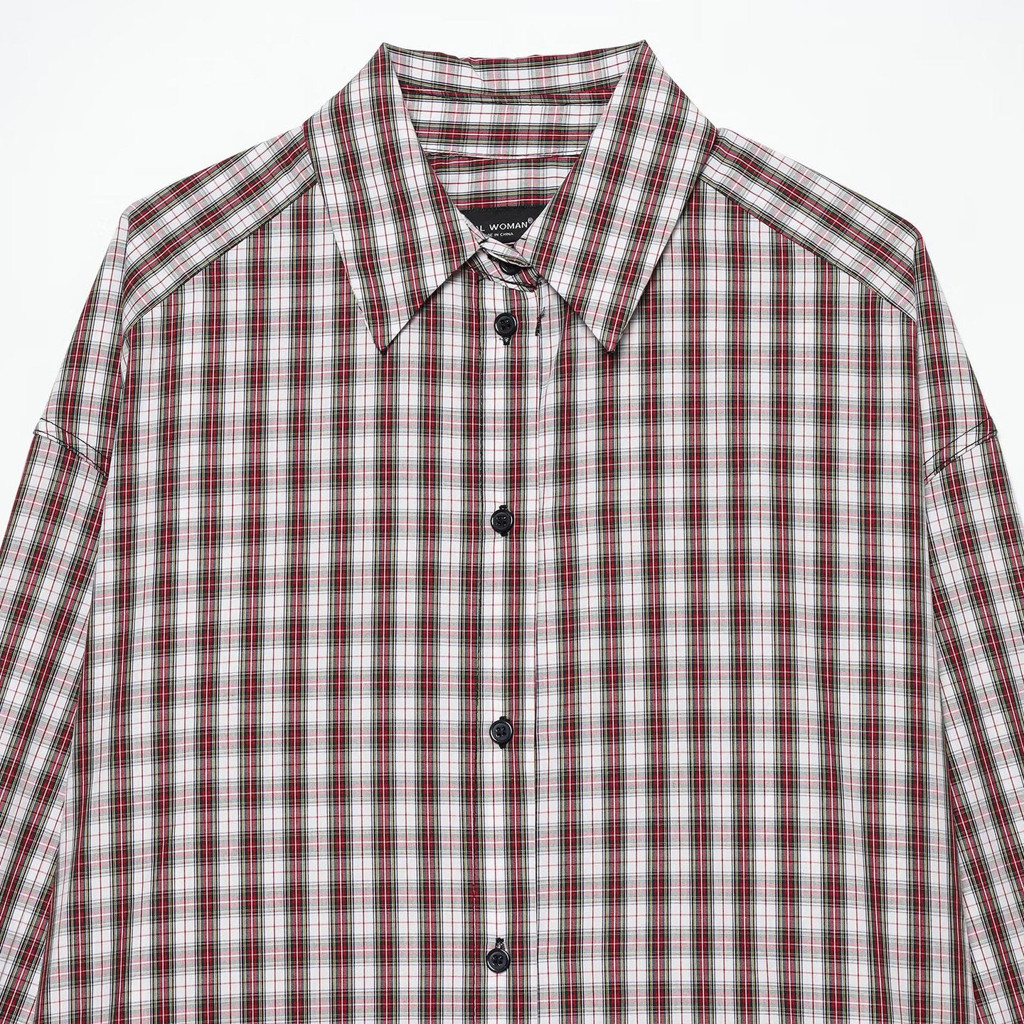 Women's Plus Size Checkered Shirt with Collar and Round Hem