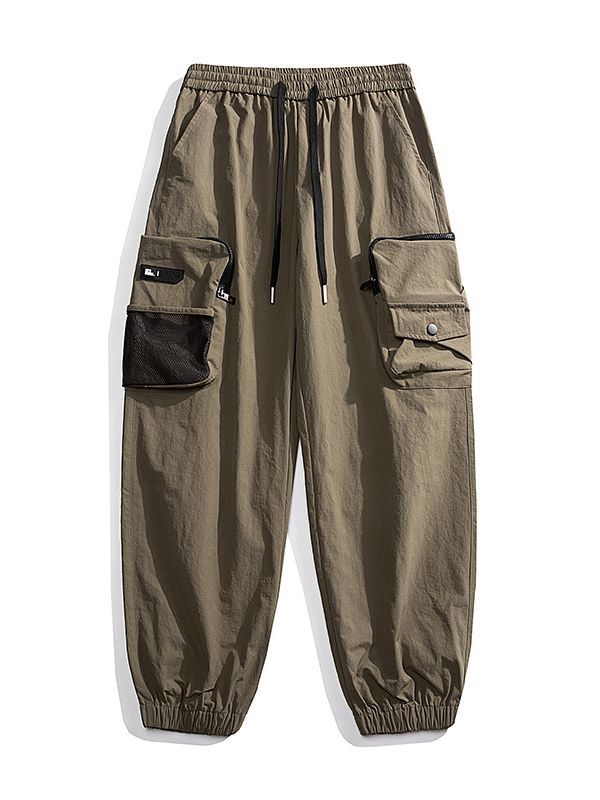 Men's Nylon Utility Cargo Pants with Elastic Waistband, Adjustable Belt and Flap Pockets Chichicherry