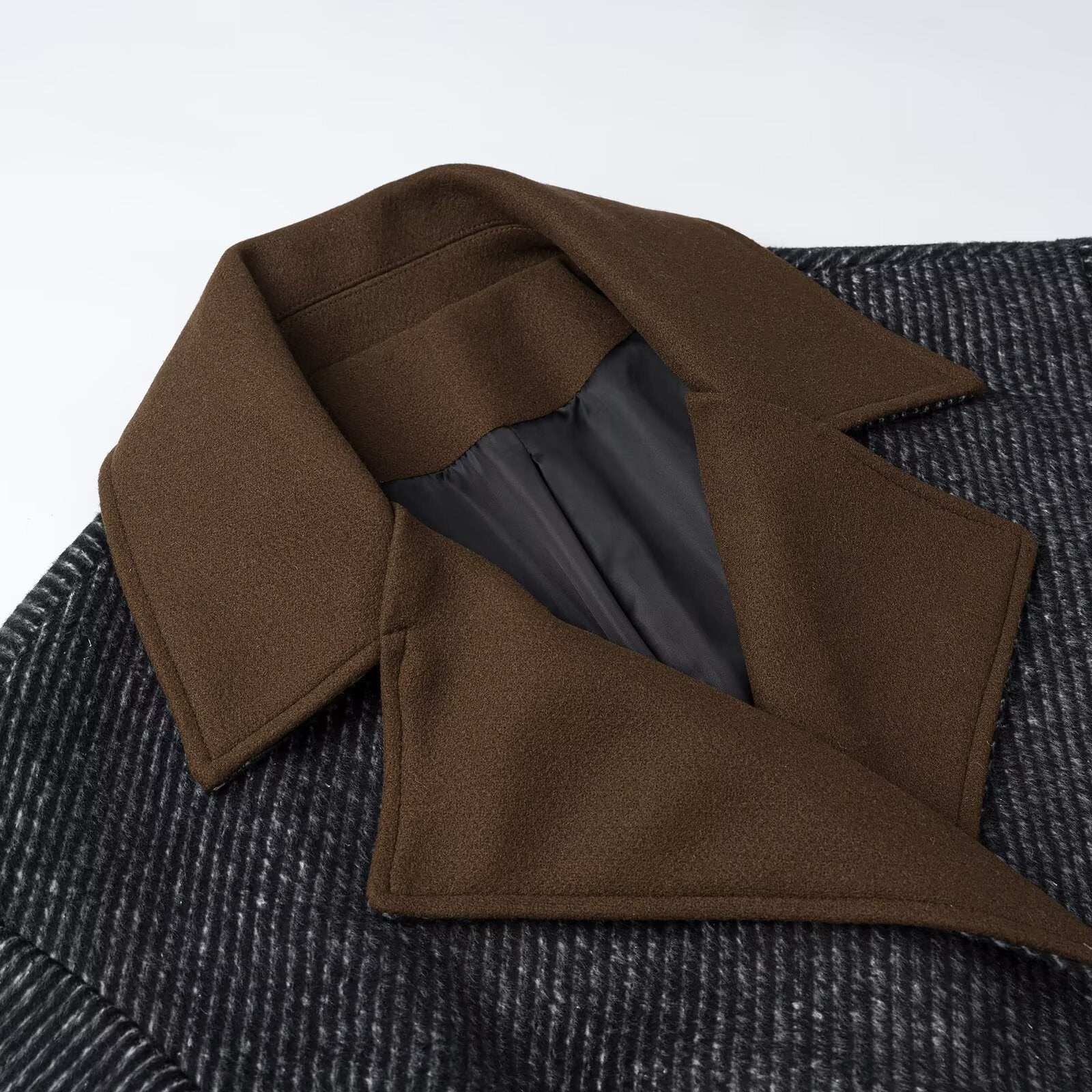 Women Long Wool Herringbone Coat with Tie Belt and Large Notched Collar Chichicherry