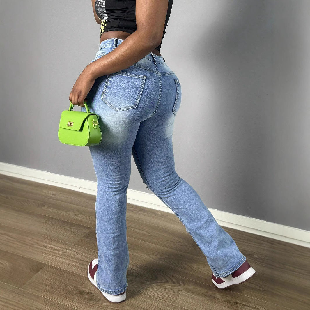 Women High-Waisted Distressed Flared Jeans with Panel Seams Chichicherry