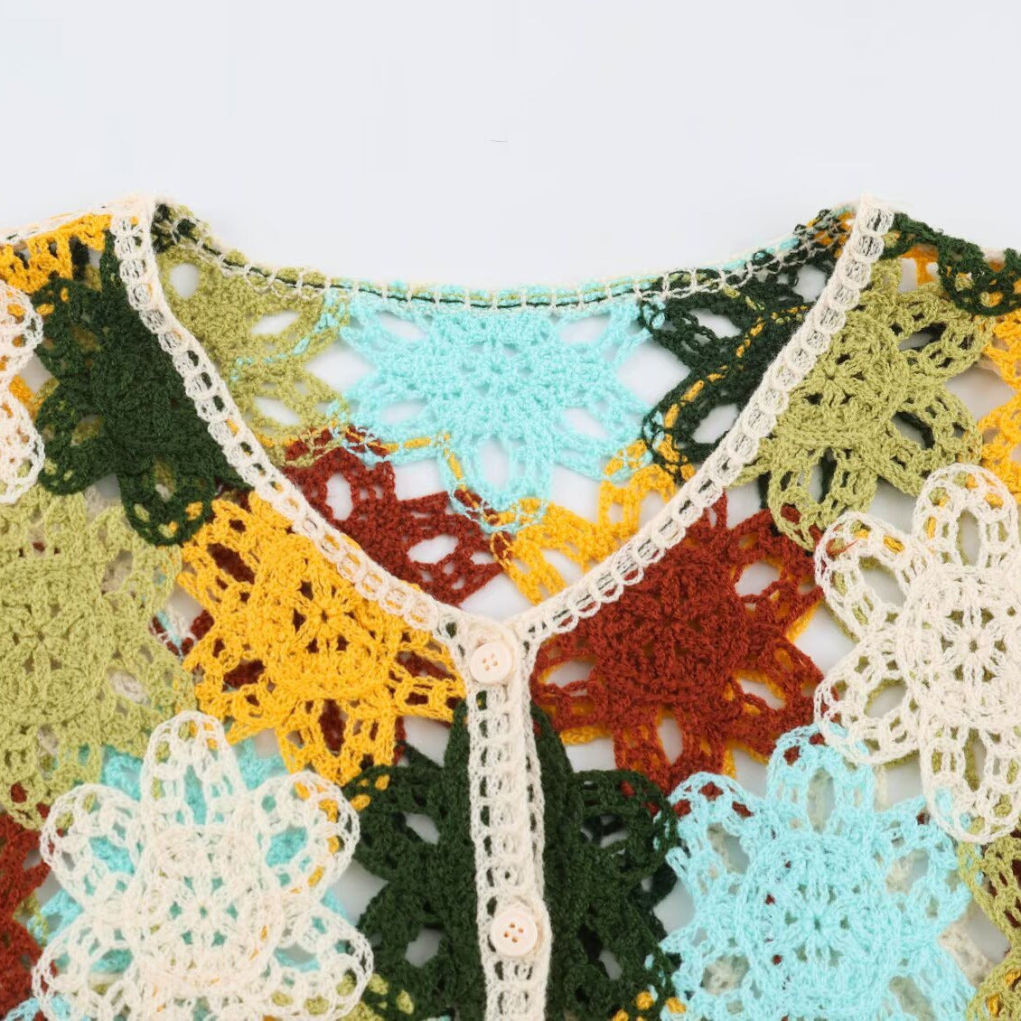 Women's Lightweight Crochet Cardigan with Floral Crochet Patterns and Button Placket Chichicherry