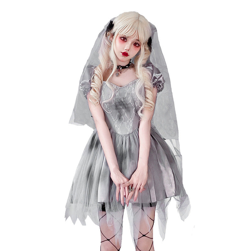 Women Gothic Wedding Dress with Tulle and Lace Decorations Chichicherry