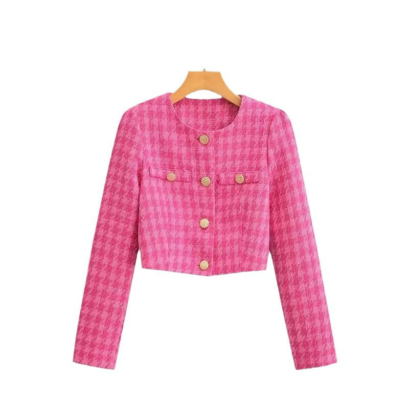 Women's short blazer made of bouclé tweed with a boxy cropped silhouette and collarless design Chichicherry