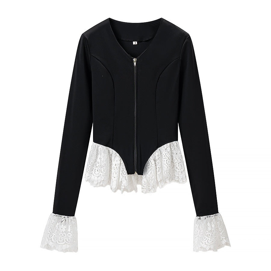 Women's Tailored Zip Jacket with Lace Ruffle at the Hem and Sleeve Cuff Chichicherry