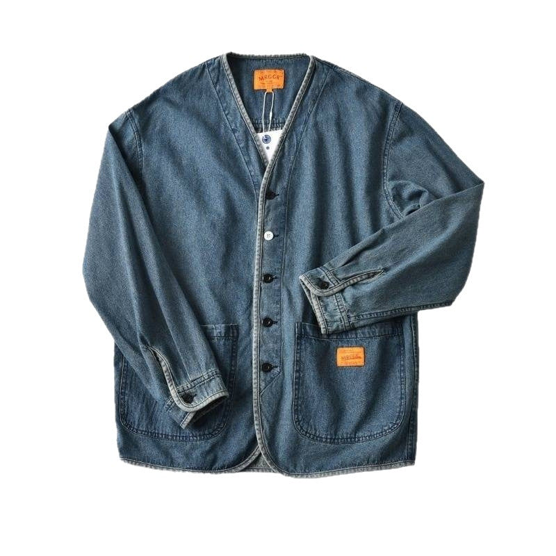Herren Denim-Chorejacke im Worker-Look mit V-Ausschnitt und aufgesetzten Taschen Chichicherry