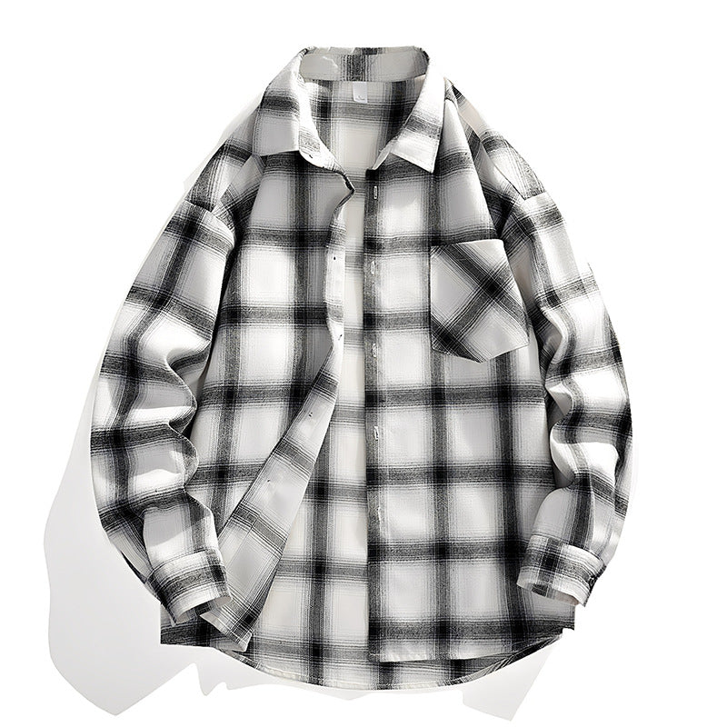 Men's Oversized Checked Flannel Shirt Jacket with Breast Pocket & Rounded Hem Chichicherry