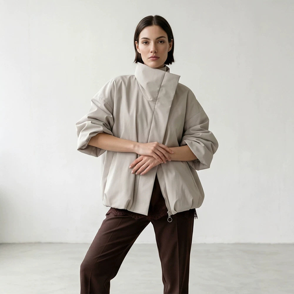 Women's boxy short quilted jacket with high asymmetric stand-up collar Chichicherry