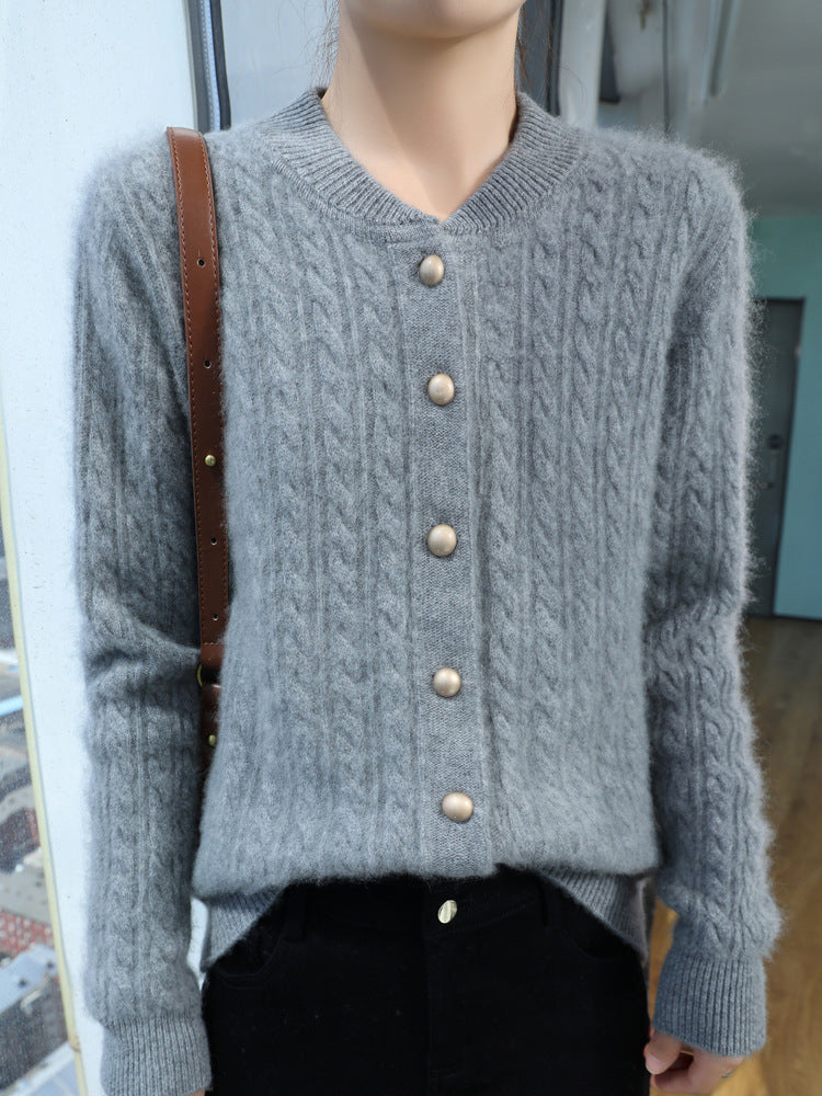 Women Lightweight Braid Knit Cardigan in Mohair Look with Decorative Mother of Pearl Buttons Chichicherry