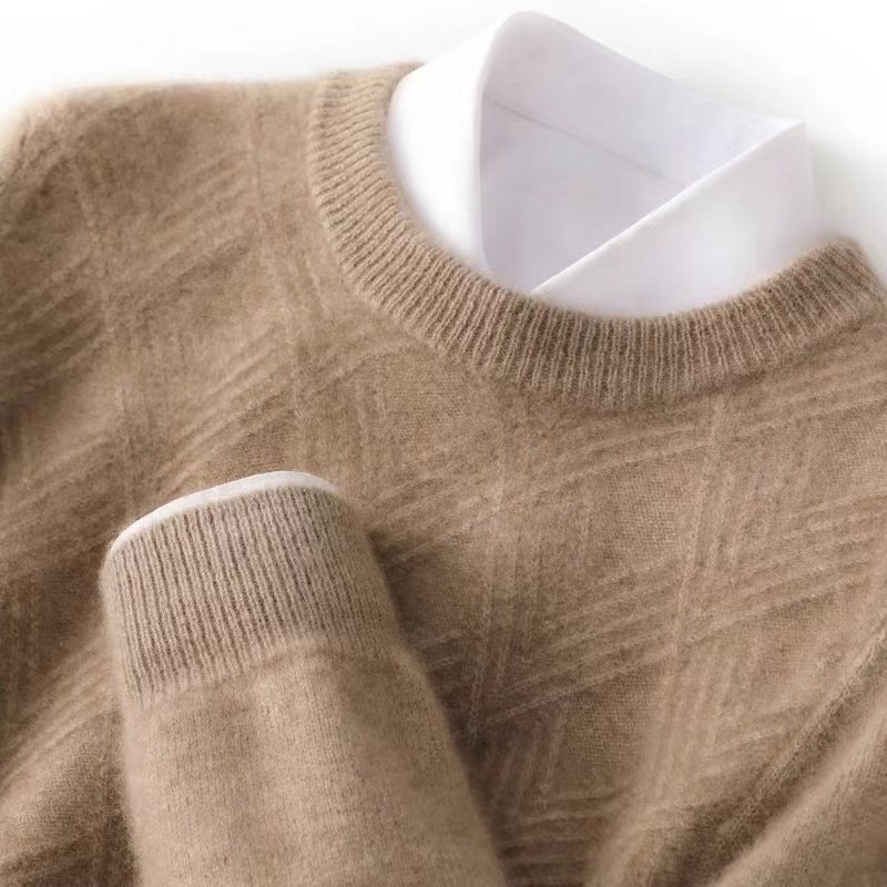 Men's Fine Structured Knit Sweater with Short Stand-up Collar and Diamond Relief Design