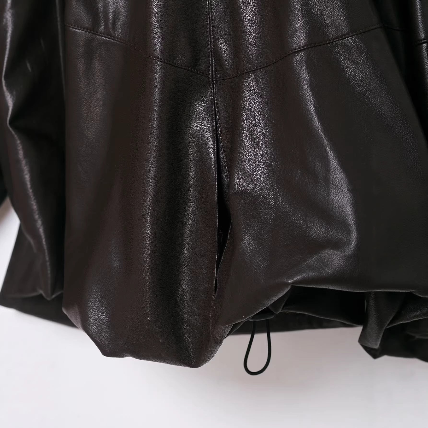 Women Voluminous Faux Leather Cape Jacket with High Stand-Up Collar and Drawstring Chichicherry
