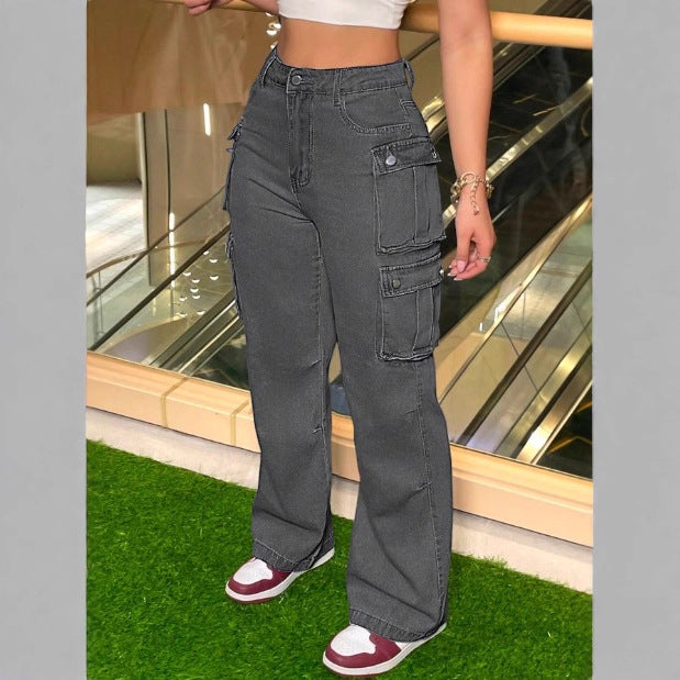 Women's Cargo Denim Pants with Wide Leg, High Waist & Multifunctional Flap Pockets Chichicherry