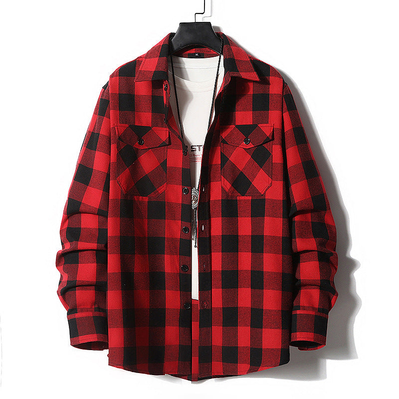 Men's Checked Flannel Shirt Jacket with Chest Pockets and Relaxed Fit Chichicherry