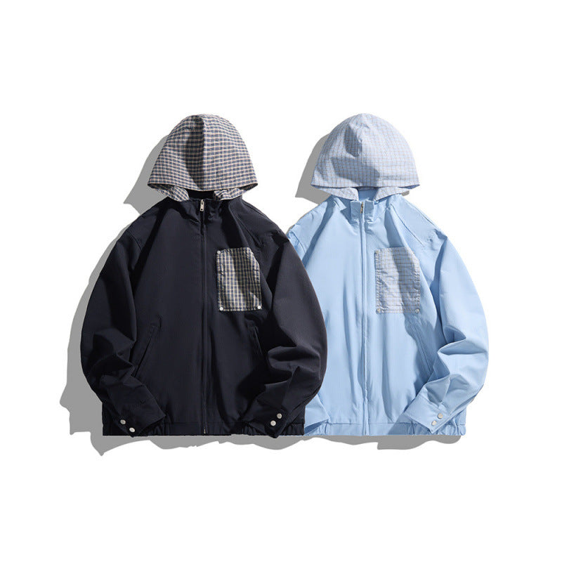 Unisex Lightweight Hooded Transition Jacket with Checkered Pattern Lining and Chest Pocket Chichicherry