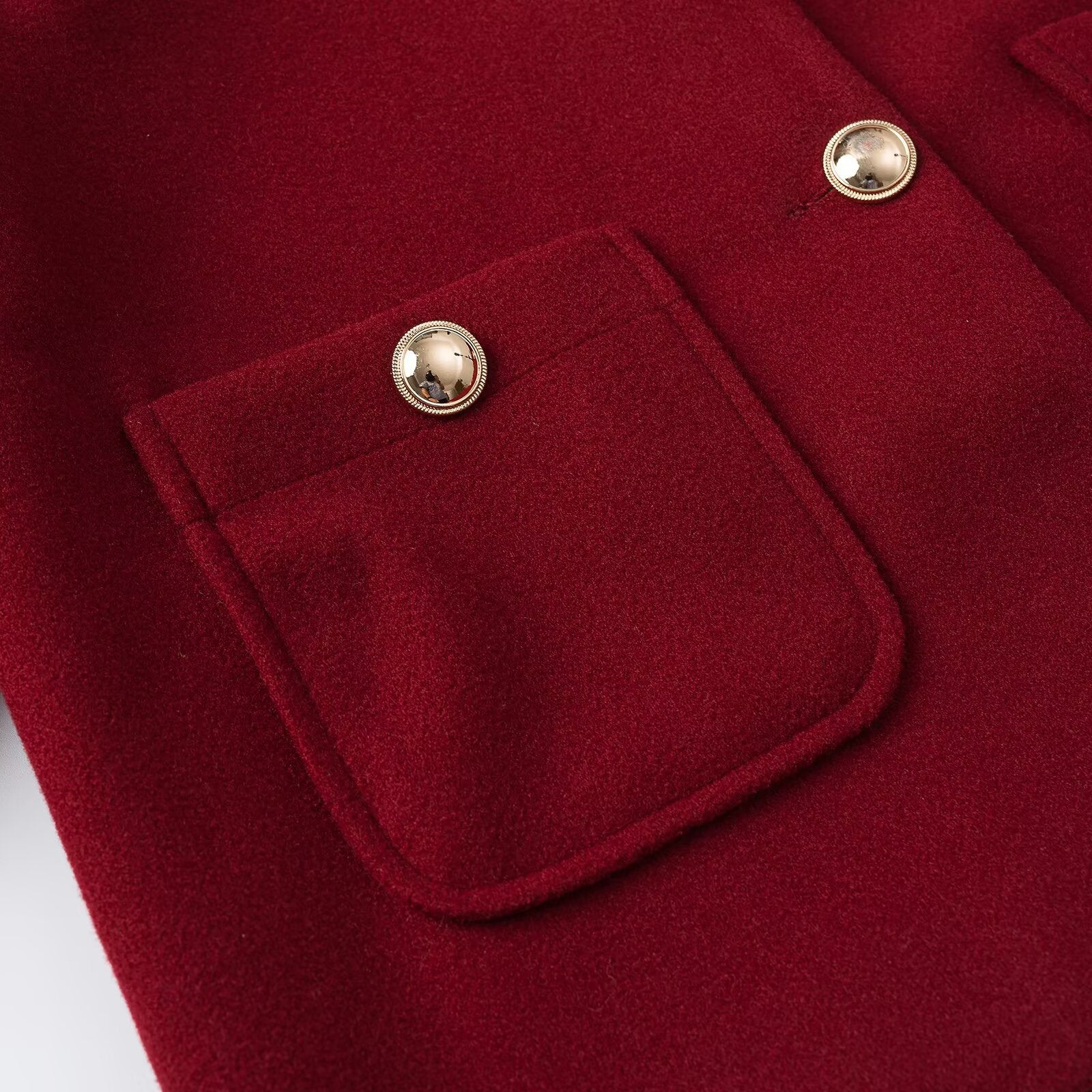 Women's cropped wool blend jacket with round neck, patch pockets and gold decorative buttons Chichicherry