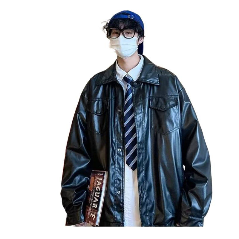 Herren Oversized Kunstleder-Hemdenjacke im Boxy-Look mit Pattentaschen und Druckknopfleiste Chichicherry