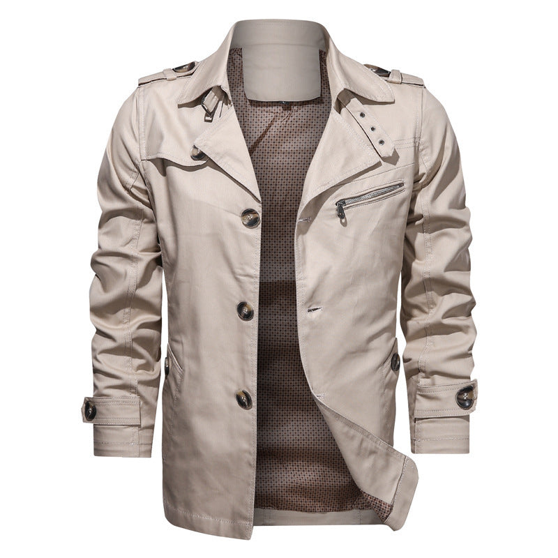 Men's Short Trench Coat in Utility Field Style with Stand-Up Collar and Zip Breast Pocket Chichicherry