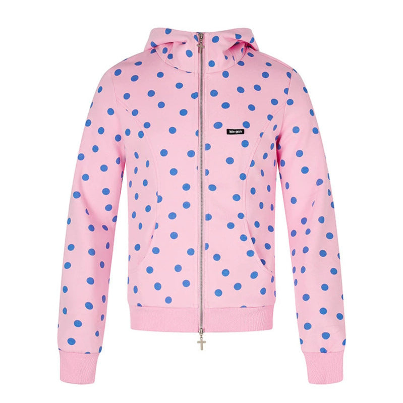 Women's Figure-Hugging Hooded Sweat Jacket with Polka Dot Pattern, Metal Front Zipper and Kangaroo Pockets Chichicherry