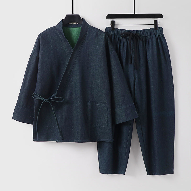Unisex Casual Denim Kimono Set with Short Sleeve Jacket, Tie Band and Elastic Waist Pants Chichicherry