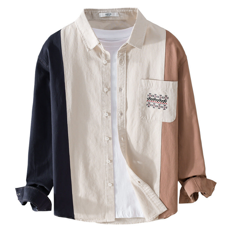 Men's Colorblock Shirt Jacket in Relaxed Fit with Chest Pocket and Ethno Embroidery Chichicherry