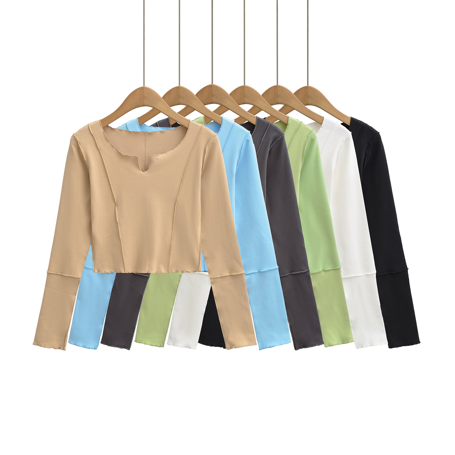 Women's Short Sleeve Long Sleeve Shirt with Visible Rolled Seams and Slit Collar Chichicherry