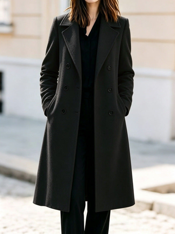 Women's Classic Double-Breasted Wool Blend Coat with Contoured Waist Chichicherry