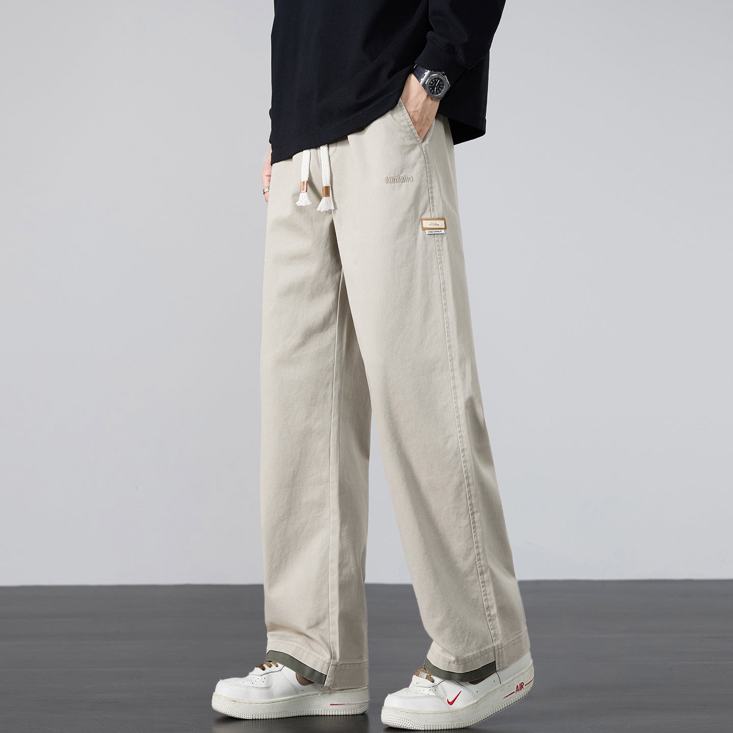 Men's Wide Cotton Canvas Pants in Wide Leg with Drawstring Waist Chichicherry