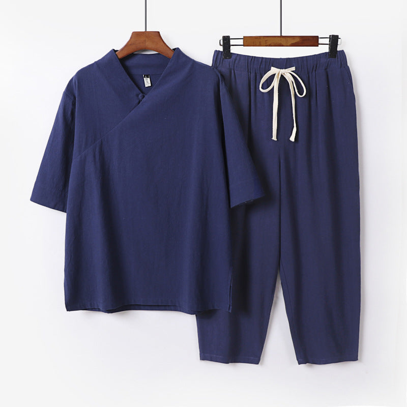 Men's Breathable Linen-Cotton Lounge Set with Asymmetrical V-Neck and Elastic Cord Pants Chichicherry