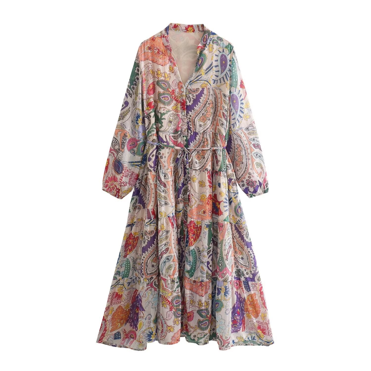 Women’s maxi dress with paisley print, V-neck, waist band and tiered skirt Chichicherry