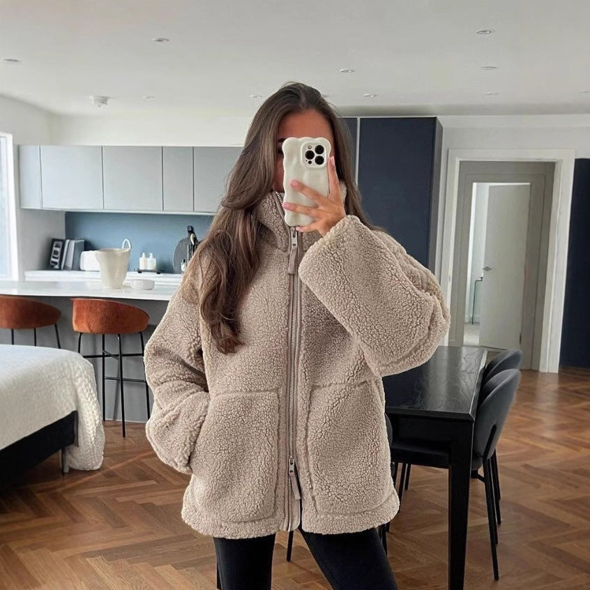 Damen Oversize Teddy-Fleece Jacke mit Reißverschluss und Stehkragen Chichicherry