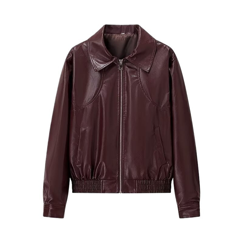 Women Short Cut Leather Look Jacket with Emphasized Shoulders, Zipper and Shirt Collar Chichicherry