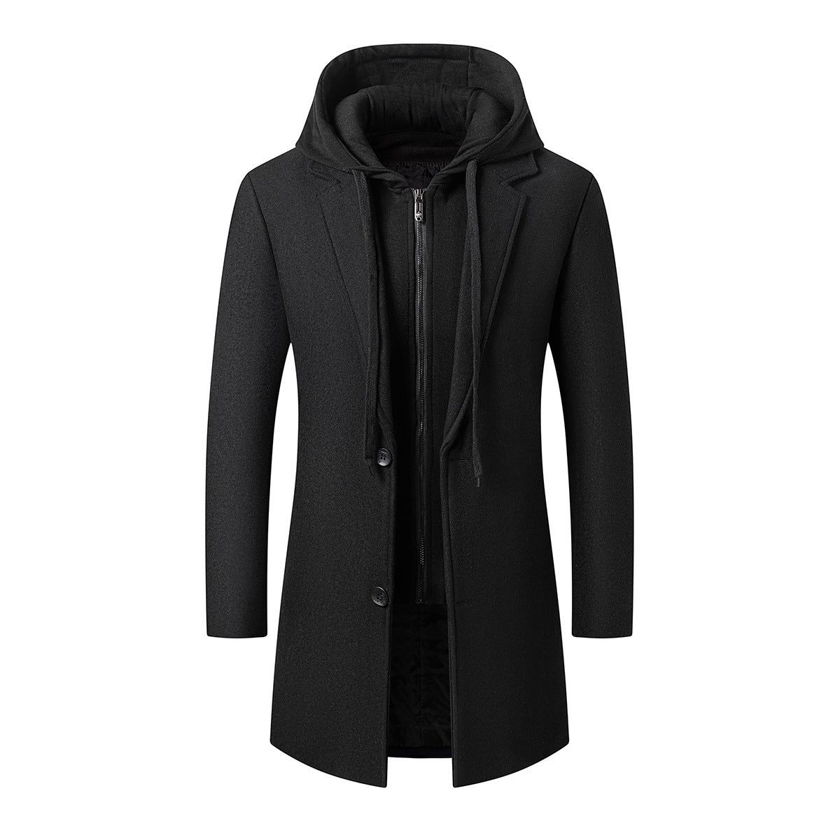 Men's Long Wool Blend Overcoat with Integrated Hooded Inner Jacket and Two-Way Zipper Chichicherry