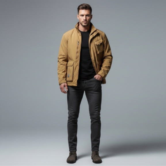 Men's Lightweight Utility Field Jacket with Stand-Up Collar, Multiple Pockets and Breathable Mesh Lining Chichicherry