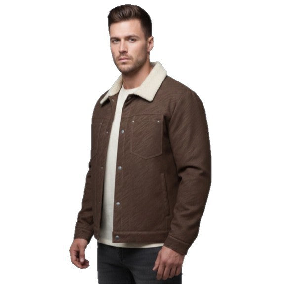 Men's Casual Sherpa-Lined Trucker Jacket with Faux Fur Collar Chichicherry