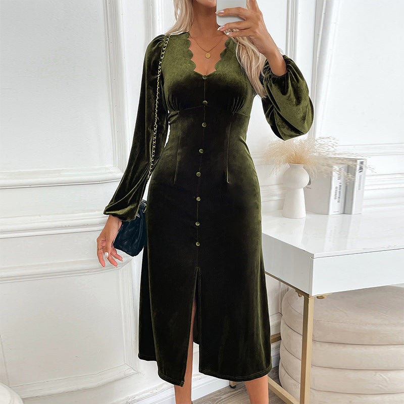 Women's velvet midi dress with fitted cut, curved neckline, puff sleeves & decorative button placket.