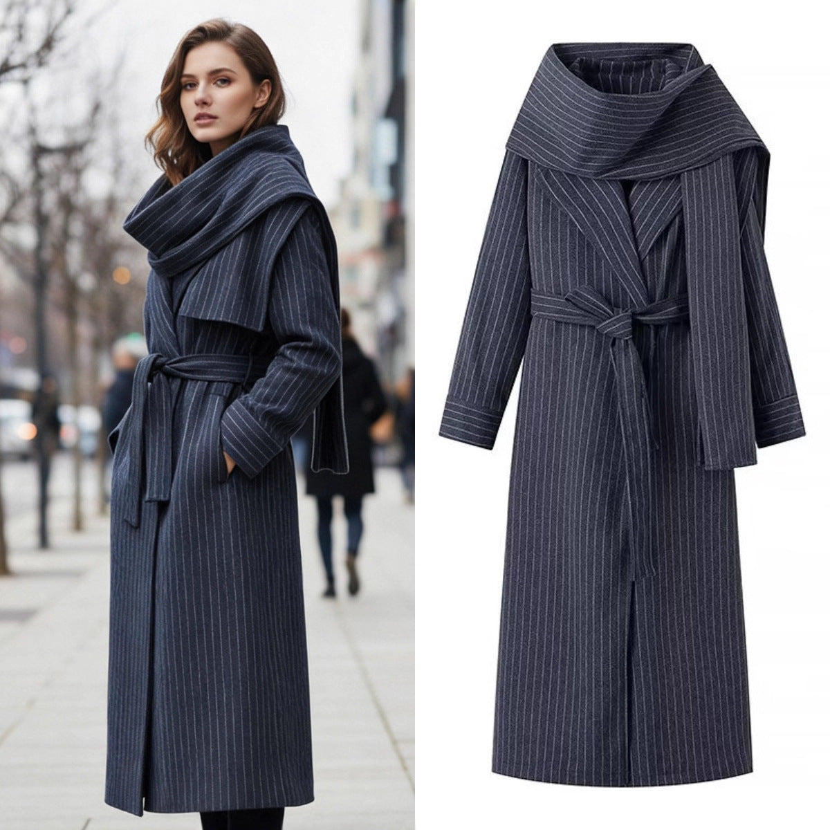 Women’s long coat with oversized shawl collar, belt at the waist and pinstripes Chichicherry