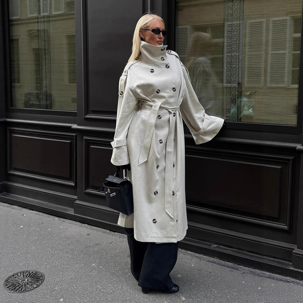 Women's Double-Breasted Leather-Look Coat with High Standing Collar and Tie Belt Chichicherry