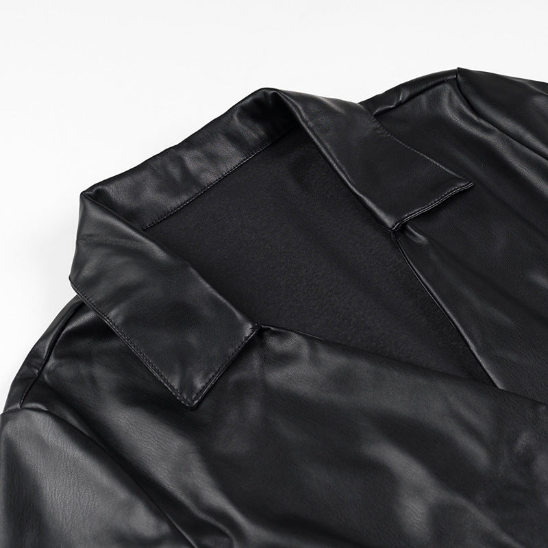 Women's Wrap Faux Leather Mini Dress with Shirt Collar, Gathered Waistline and Cuffs Chichicherry