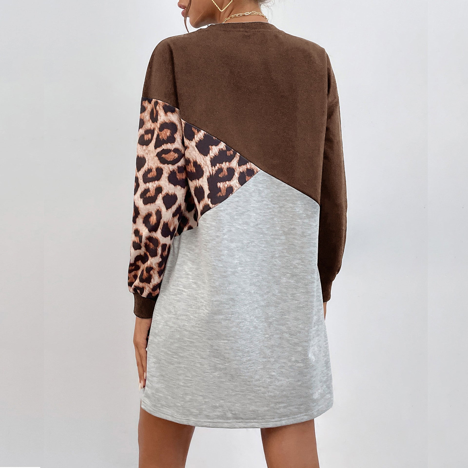 Ladies Oversized Sweat Dress with Color Block Design and Leopard Sleeves Chichicherry