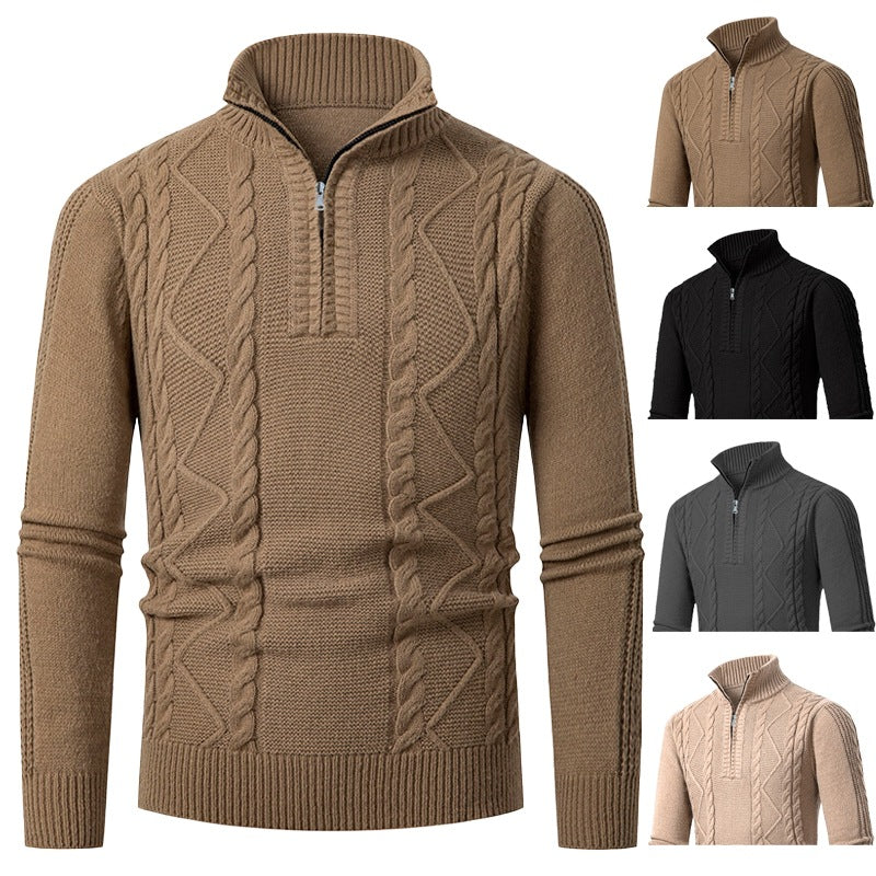 Men's Premium Cable Knit Half-Zip Pullover with High Collar and Texture Mix Chichicherry