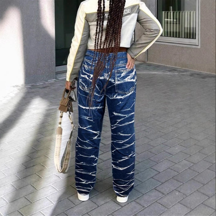 Ladies High-Waist Straight Jeans with bleached Wave pattern and Relaxed fit Chichicherry